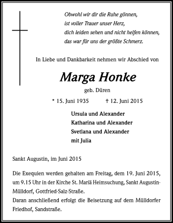 Anzeige von Marga Honke von Kölner Stadt-Anzeiger / Kölnische Rundschau / Express