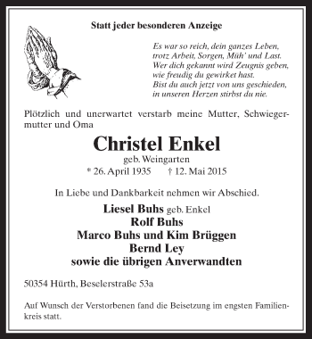 Anzeige von Christel Enkel von  Wochenende 