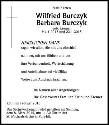 Anzeige von Wilfried und Barbara Burczyk von Kölner Stadt-Anzeiger / Kölnische Rundschau / Express