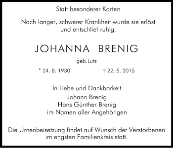 Anzeige von Johanna Brenig von Kölner Stadt-Anzeiger / Kölnische Rundschau / Express