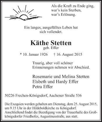 Anzeige von Käthe Stetten von  Sonntags-Post 