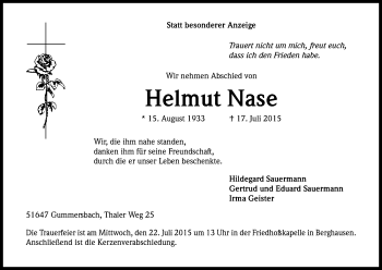 Anzeige von Helmut Nase von Kölner Stadt-Anzeiger / Kölnische Rundschau / Express