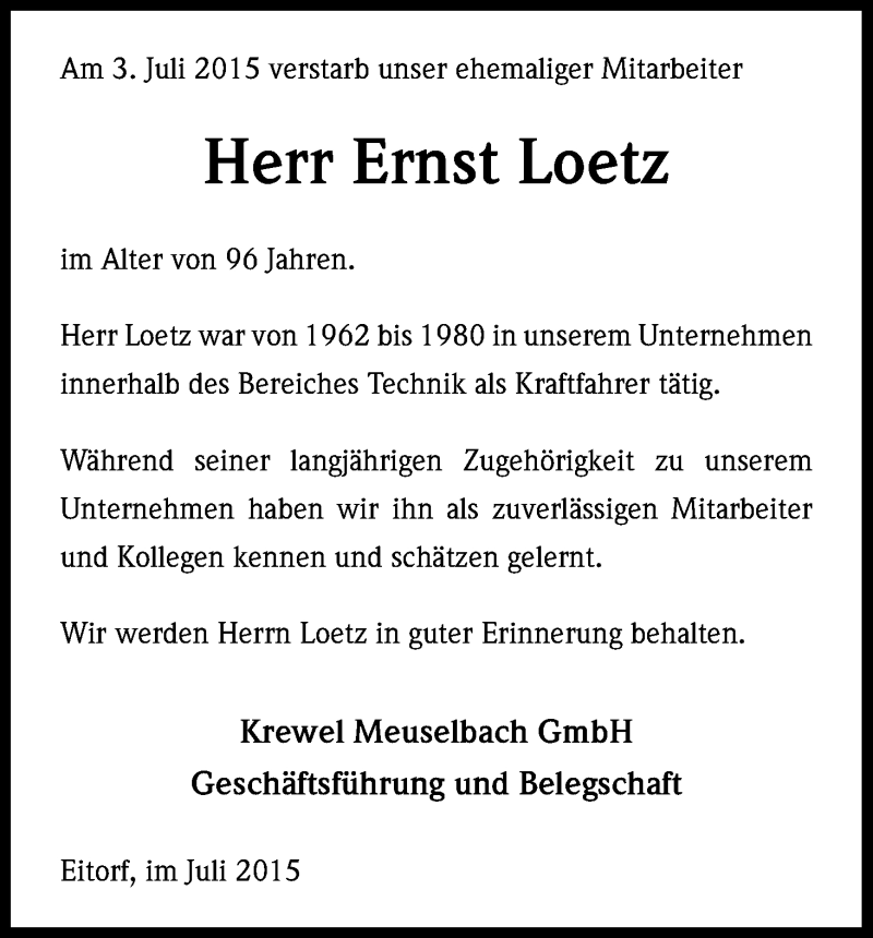  Traueranzeige für Ernst Loetz vom 08.07.2015 aus Kölner Stadt-Anzeiger / Kölnische Rundschau / Express