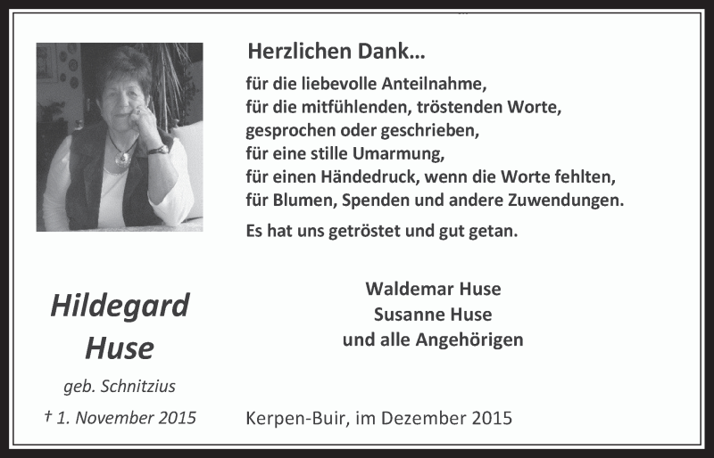  Traueranzeige für Hildehard Huse vom 09.12.2015 aus  Werbepost 