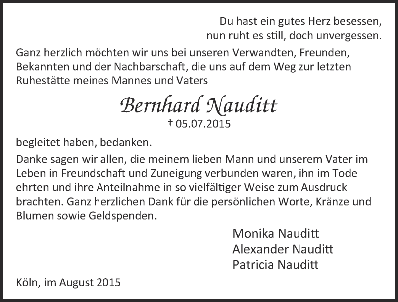  Traueranzeige für Bernhard Nauditt vom 19.08.2015 aus  Kölner Wochenspiegel 