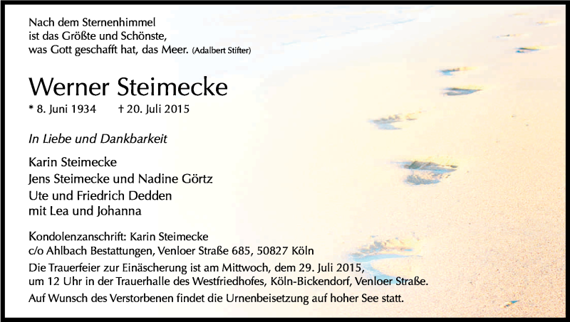  Traueranzeige für Werner Steimecke vom 25.07.2015 aus Kölner Stadt-Anzeiger / Kölnische Rundschau / Express