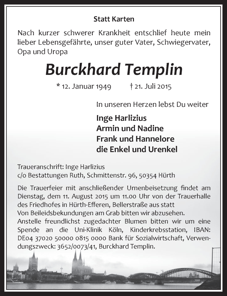  Traueranzeige für Burckhard Templin vom 05.08.2015 aus  Wochenende 