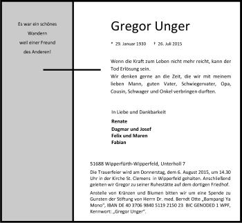 Anzeige von Gregor Unger von Kölner Stadt-Anzeiger / Kölnische Rundschau / Express