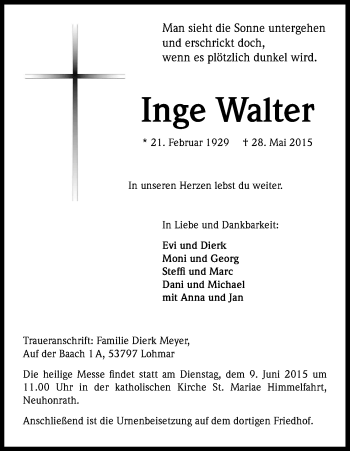 Anzeige von Inge Walter von Kölner Stadt-Anzeiger / Kölnische Rundschau / Express