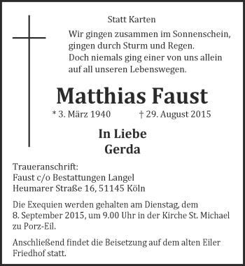 Anzeige von Matthias Faust von  Kölner Wochenspiegel 