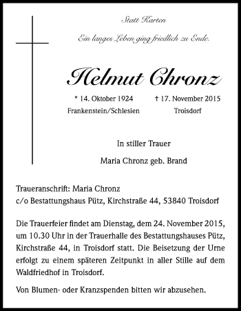 Anzeige von Helmut Chronz von Kölner Stadt-Anzeiger / Kölnische Rundschau / Express