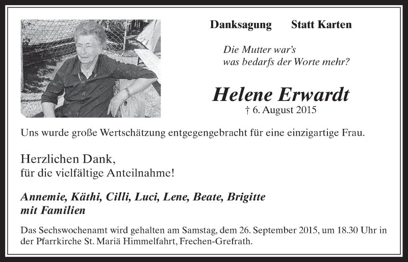  Traueranzeige für Helene Erwardt vom 23.09.2015 aus  Wochenende 