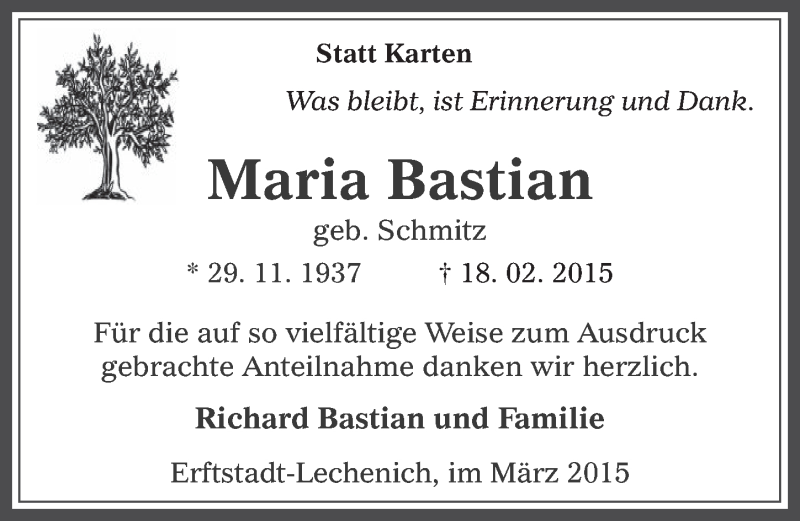  Traueranzeige für Maria Bastian vom 25.03.2015 aus  Werbepost 