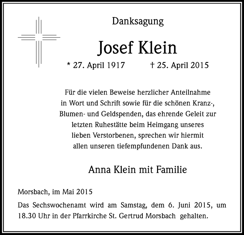  Traueranzeige für Josef Klein vom 27.05.2015 aus Kölner Stadt-Anzeiger / Kölnische Rundschau / Express