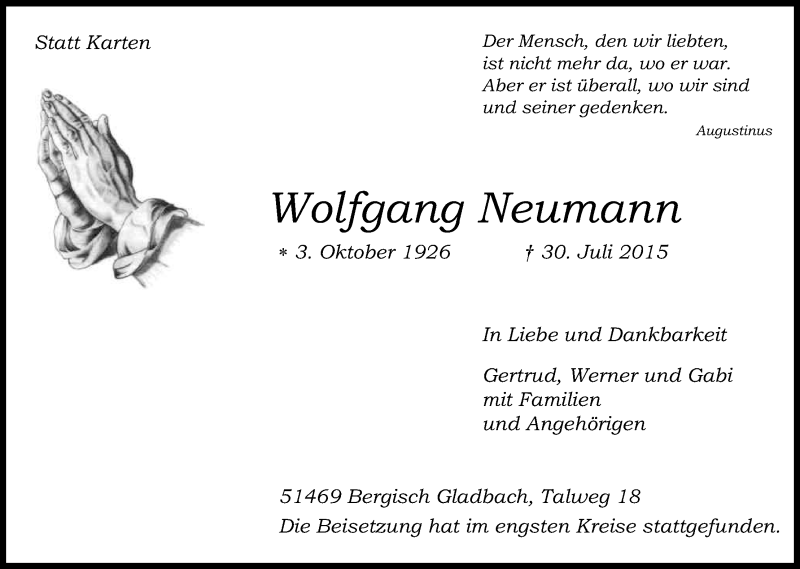  Traueranzeige für Wolfgang Neumann vom 13.08.2015 aus Kölner Stadt-Anzeiger / Kölnische Rundschau / Express