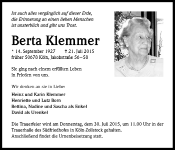 Anzeige von Berta Klemmer von Kölner Stadt-Anzeiger / Kölnische Rundschau / Express