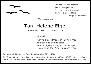Anzeige von Toni Helene Eigel von Kölner Stadt-Anzeiger / Kölnische Rundschau / Express