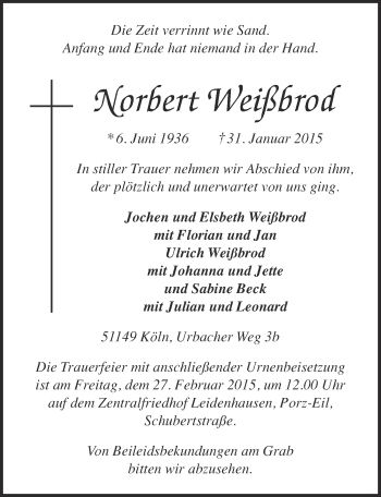 Anzeige von Norbert Weißbrod von  Kölner Wochenspiegel 