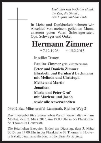 Anzeige von Hermann Zimmer von  Blickpunkt Euskirchen 
