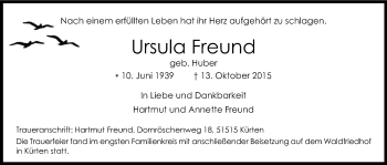Anzeige von Ursula Freund von Kölner Stadt-Anzeiger / Kölnische Rundschau / Express