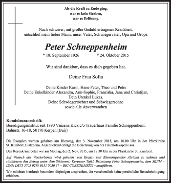 Anzeige von Peter Schneppenheim von  Sonntags-Post 