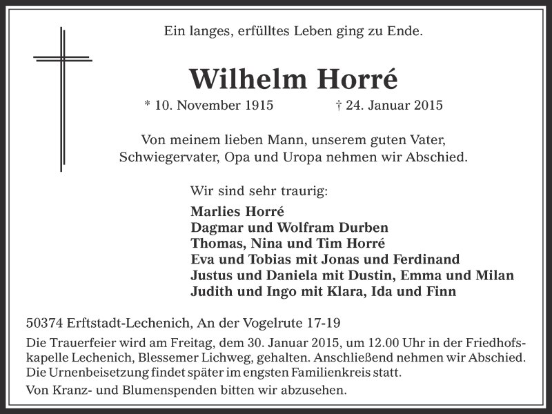  Traueranzeige für Wilhelm Horré vom 28.01.2015 aus  Werbepost 