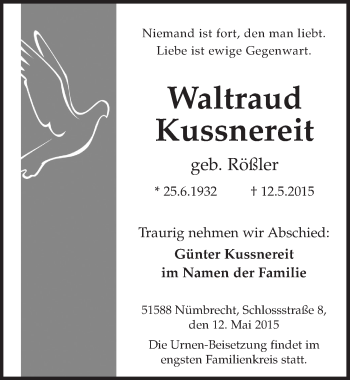 Anzeige von Waltraud Kussnereit von  Lokalanzeiger 