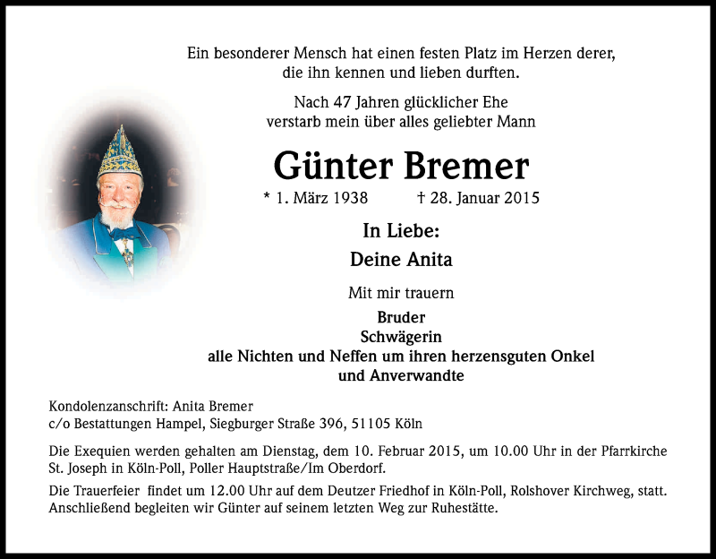  Traueranzeige für Günter Bremer vom 07.02.2015 aus Kölner Stadt-Anzeiger / Kölnische Rundschau / Express
