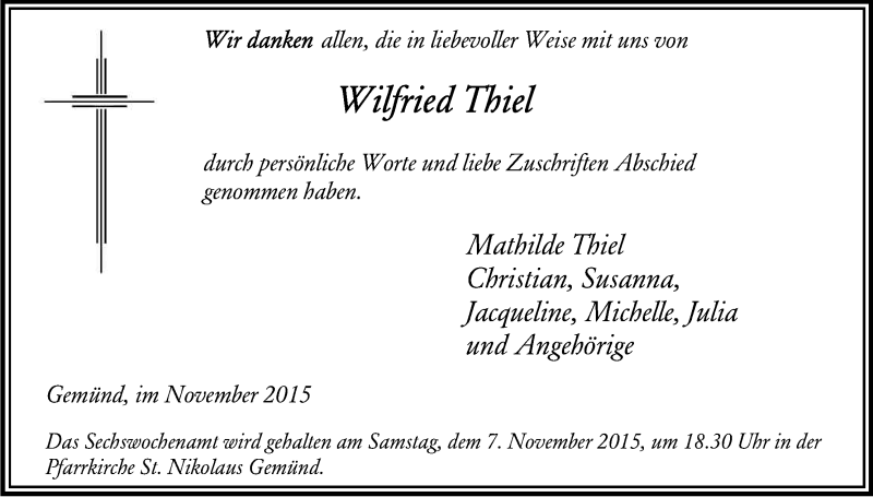  Traueranzeige für Wilfried Thiel vom 31.10.2015 aus Kölner Stadt-Anzeiger / Kölnische Rundschau / Express