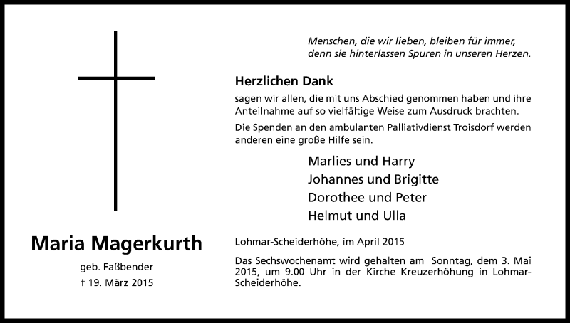  Traueranzeige für Maria Magerkurth vom 18.04.2015 aus Kölner Stadt-Anzeiger / Kölnische Rundschau / Express