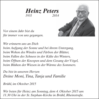 Anzeige von Heinz Peters von  Schlossbote/Werbekurier 