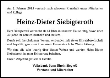 Anzeige von Heinz-Dieter Siebigteroth von Kölner Stadt-Anzeiger / Kölnische Rundschau / Express