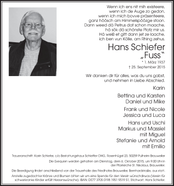 Anzeige von Hans Schiefer von  Sonntags-Post 