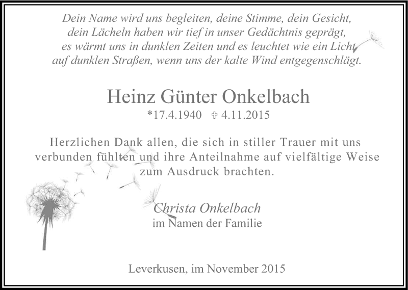  Traueranzeige für Heinz Günter Onkelbach vom 28.11.2015 aus Kölner Stadt-Anzeiger / Kölnische Rundschau / Express