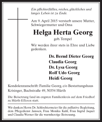 Anzeige von Helga Herta Georg von  Wochenende 