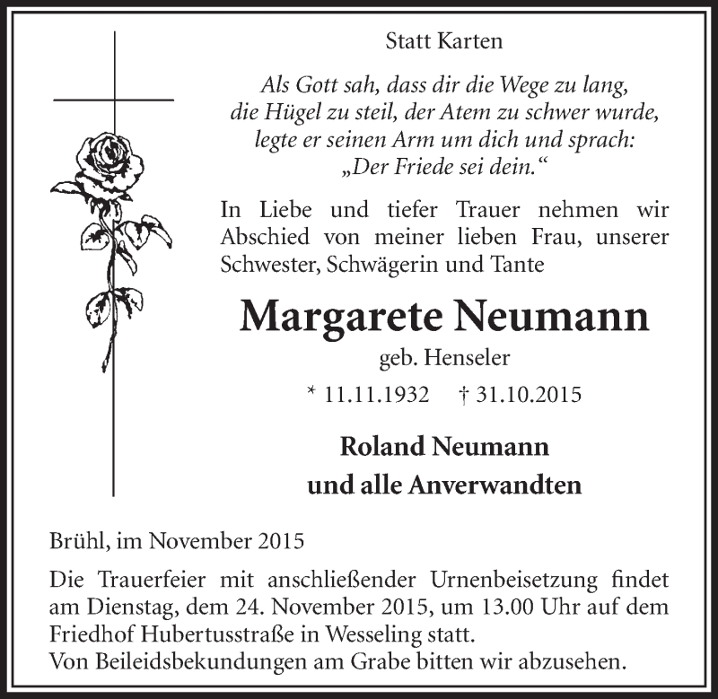 Traueranzeige für Margarete Neumann vom 18.11.2015 aus  Schlossbote/Werbekurier 