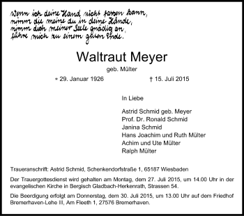 Anzeige von Waltraut Meyer von Kölner Stadt-Anzeiger / Kölnische Rundschau / Express