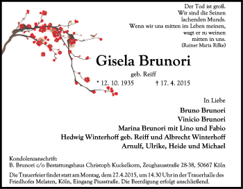 Anzeige von Gisela Brunori von Kölner Stadt-Anzeiger / Kölnische Rundschau / Express