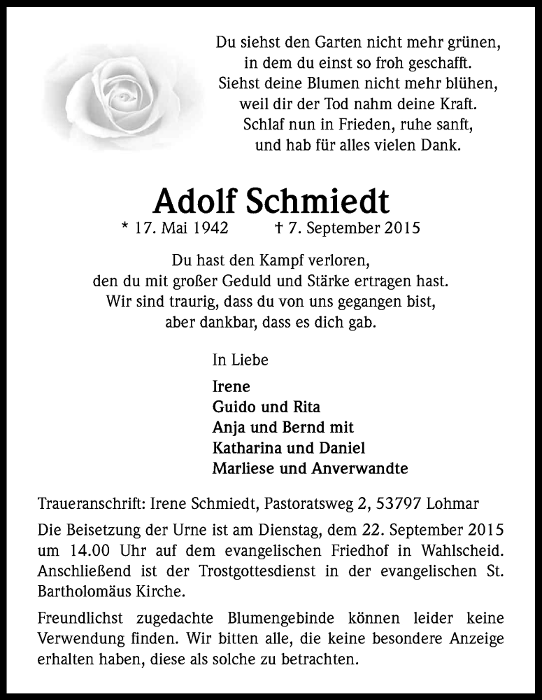  Traueranzeige für Adolf Schmiedt vom 12.09.2015 aus Kölner Stadt-Anzeiger / Kölnische Rundschau / Express