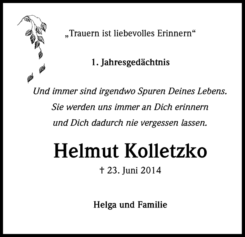  Traueranzeige für Helmut Kolletzko vom 20.06.2015 aus Kölner Stadt-Anzeiger / Kölnische Rundschau / Express
