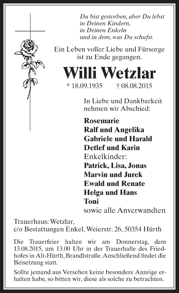  Traueranzeige für Willi Wetzlar vom 12.08.2015 aus  Wochenende 