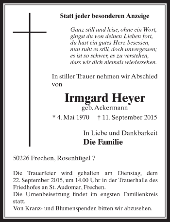 Anzeige von Irmgard Heyer von  Wochenende 