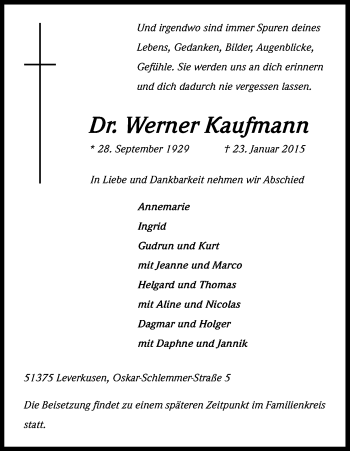 Anzeige von Werner Kaufmann von Kölner Stadt-Anzeiger / Kölnische Rundschau / Express