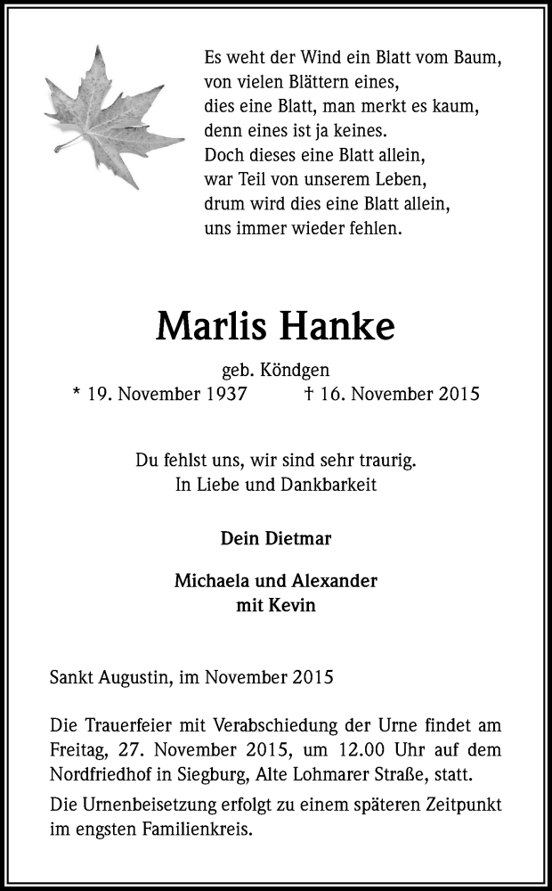  Traueranzeige für Marlis Hanke vom 25.11.2015 aus Kölner Stadt-Anzeiger / Kölnische Rundschau / Express