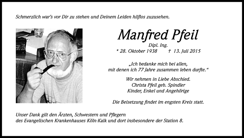  Traueranzeige für Manfred Pfeil vom 25.07.2015 aus Kölner Stadt-Anzeiger / Kölnische Rundschau / Express