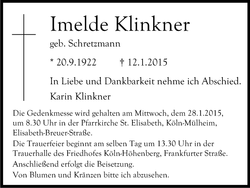  Traueranzeige für Imelde Klinkner vom 24.01.2015 aus Kölner Stadt-Anzeiger / Kölnische Rundschau / Express