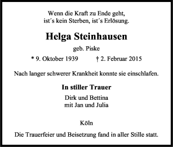 Anzeige von Helga Steinhausen von Kölner Stadt-Anzeiger / Kölnische Rundschau / Express
