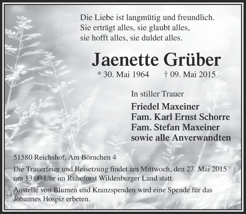  Traueranzeige für Jaenette Grüber vom 20.05.2015 aus  Anzeigen Echo  Lokalanzeiger 