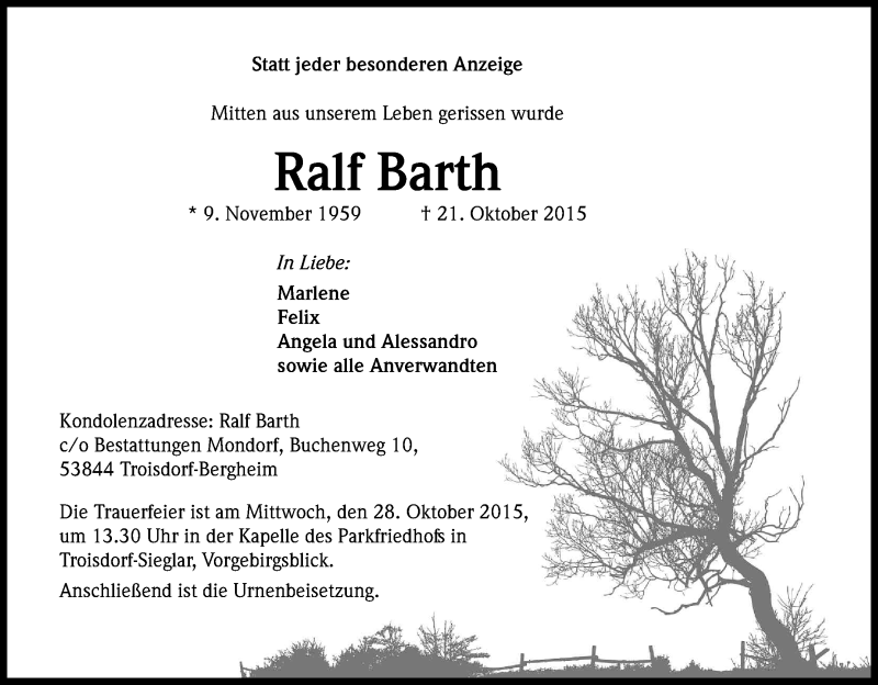  Traueranzeige für Ralf Barth vom 24.10.2015 aus Kölner Stadt-Anzeiger / Kölnische Rundschau / Express