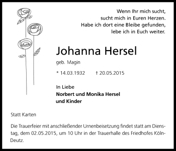 Anzeige von Johanna Hersel von Kölner Stadt-Anzeiger / Kölnische Rundschau / Express